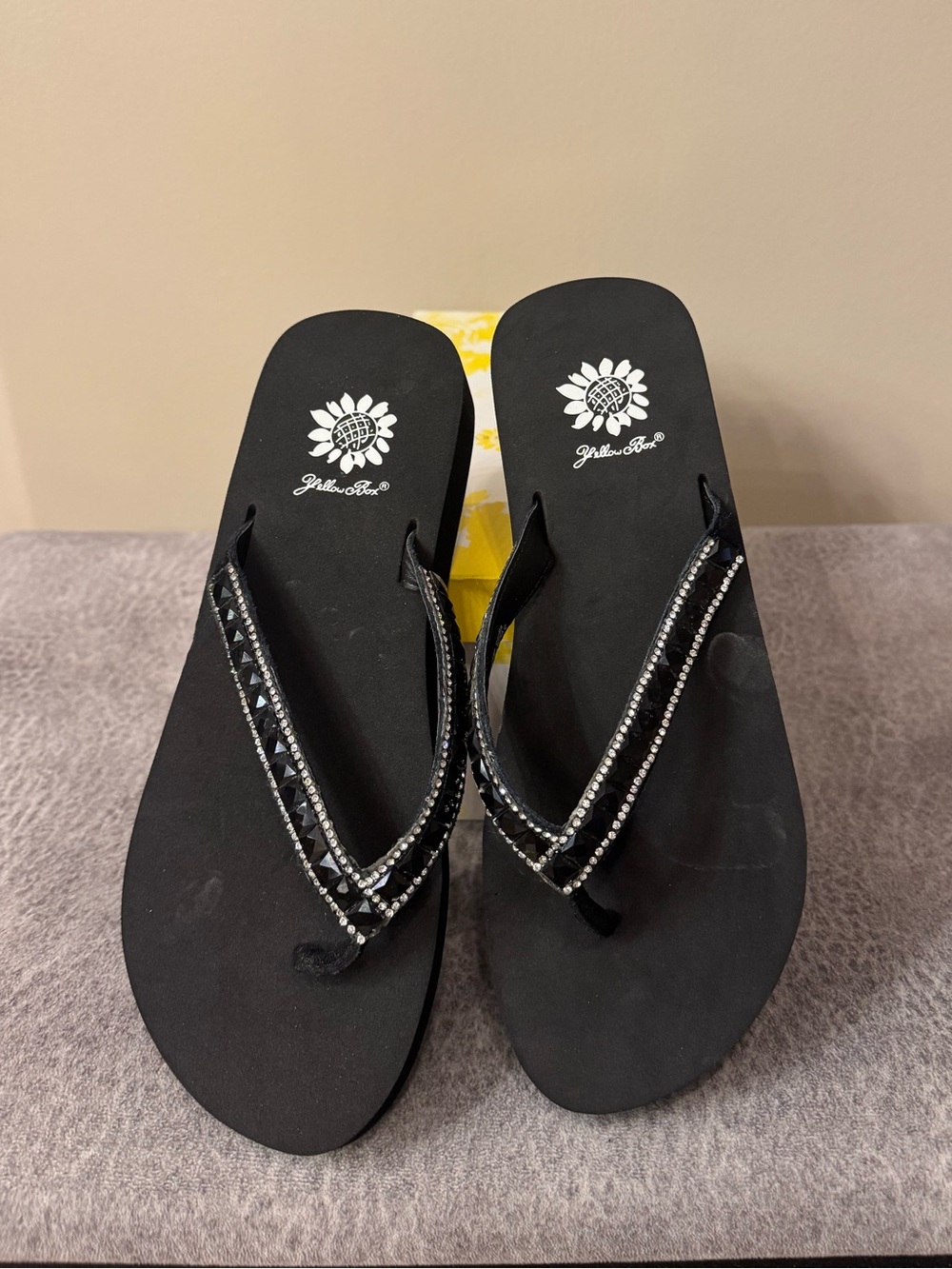 Yellow Box Black Crystal-Embellished V-Strap Sandals NEW